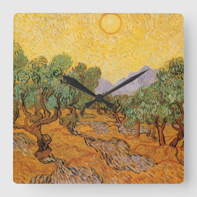 Vincent van Gogh - Olivträd, gul himmel och sol Fyrkantig Klocka (Framsida)