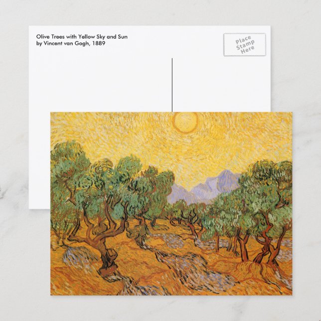 Vincent van Gogh - Olivträd, gul himmel och sol Vykort (Fram/baksida)