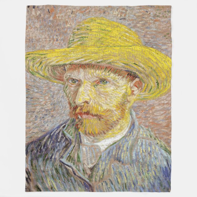 Vincent van Gogh - Self-porträtt med Straw Hat Fleecefilt (Framsidan)