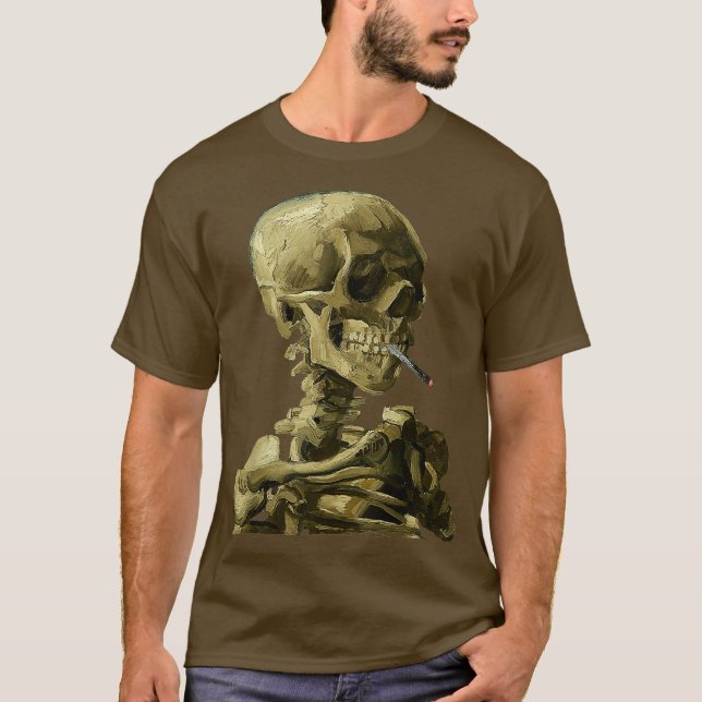 Vincent Van Gogh Skull med Cigarette Skeleton T Shirt (Framsida)