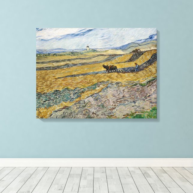 Vincent Van Gogh, sluten Fält med Plowman Canvastryck (Insitu (trägolv))