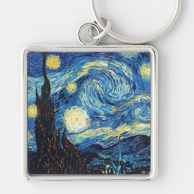 Vincent Van Gogh - Starry natt Fyrkantig Silverfärgad Nyckelring (Framsidan)
