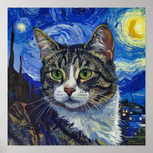 Vincent Van Gogh Starry Night Cat Portrait Poster (Framsidan)
