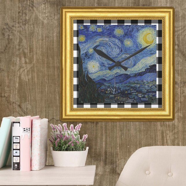 Vincent Van Gogh, Starry Night Framed, Checkered Fyrkantig Klocka (Skapare uppladdad)