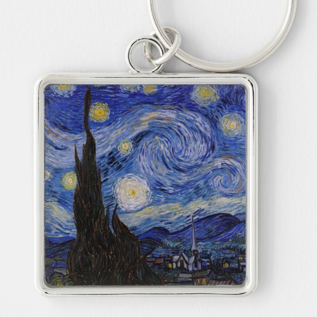 Vincent Van Gogh - Starry night Fyrkantig Silverfärgad Nyckelring (Framsidan)