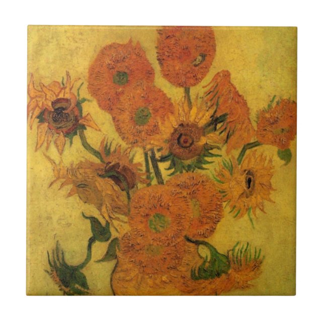 Vincent van Gogh still Life Vas w 15 Sunblommor Kakelplatta (Framsidan)