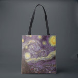 Vincent van Gogh - Stjärnenatt Tygkasse<br><div class="desc">Stjärnklar natt (1889) av Vincent van Gogh är en gammal post-impressionistisk fin konst landskapsnaturmålning. En vy över en stad i en dal på natten med virvlande moln,  lysande stjärnor och en vacker gyllengul halvmåne. Den målades under dagen från minnet och är van Goghs mest berömda målning.</div>