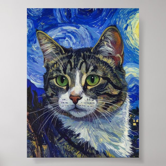 Vincent Van Gogh Stjärnkväll Kattporträtt Poster (Framsidan)