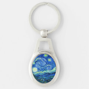 Vincent van gogh-stjärnnatt ovalt silverfärgad nyckelring