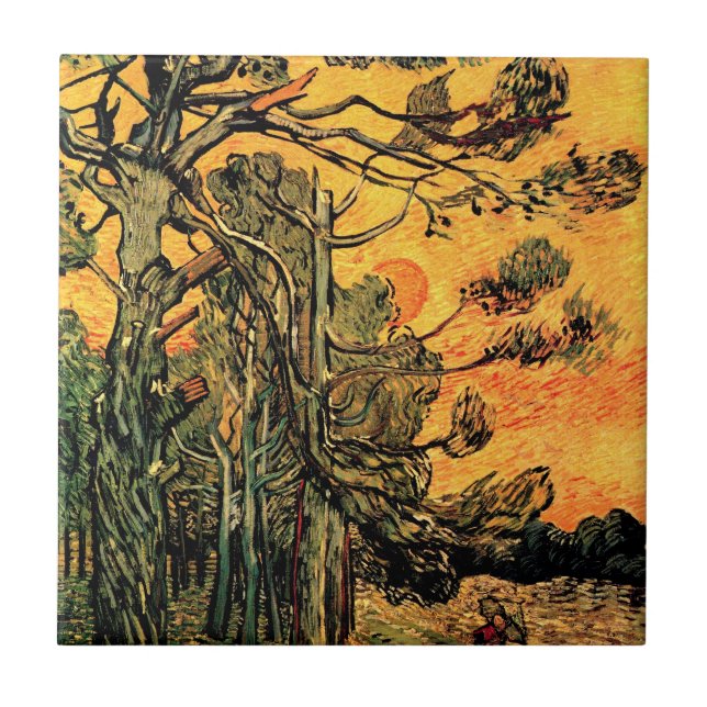 Vincent Van Gogh - Tallgran mot en röd himmel Kakelplatta (Framsidan)