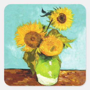Vincent Van Gogh tre solblommor i A Vas Fyrkantigt Klistermärke