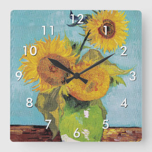 Vincent Van Gogh - Tre solblommor i Vas Fyrkantig Klocka