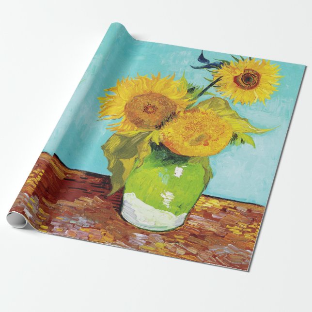 Vincent Van Gogh Tre Solrosor I En Vas Presentpapper (Utrullad)
