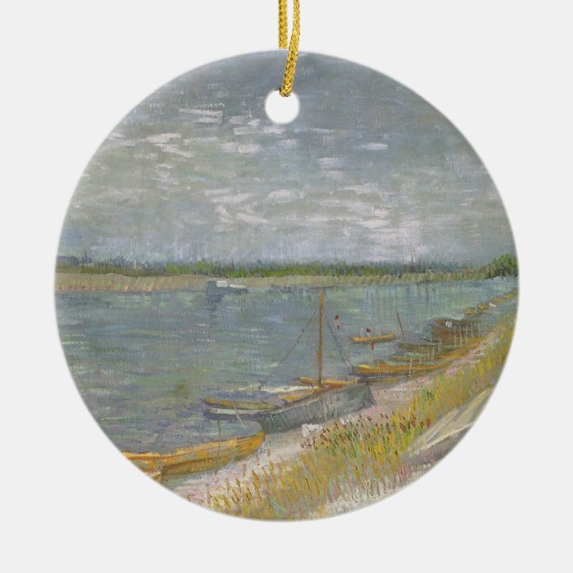 Vincent van Gogh - Utsikt över en flod med roddbåt Julgransprydnad Keramik (Framsidan)