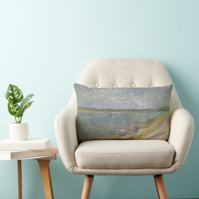 Vincent van Gogh - Utsikt över en flod med roddbåt Lumbarkudde (Stol)
