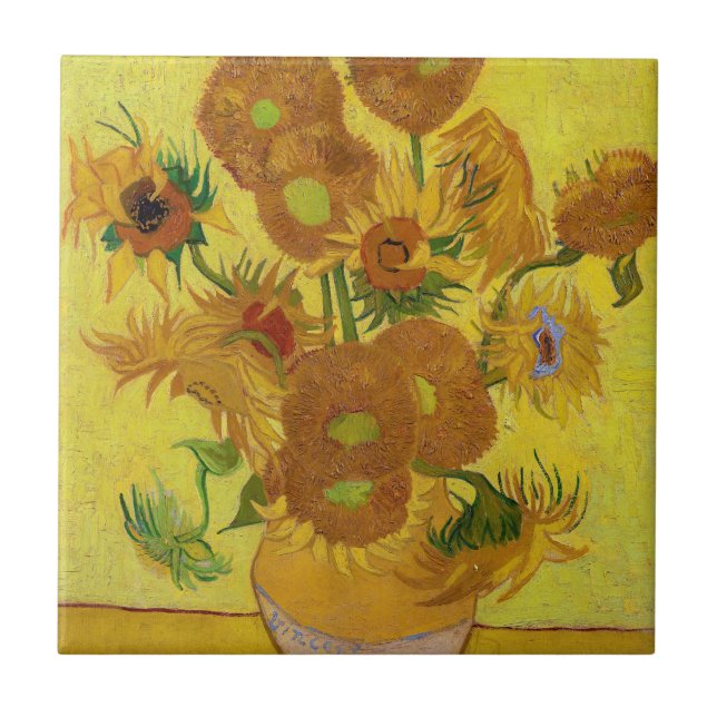 Vincent van Gogh - Vas med 15 solblommor Kakelplatta (Framsidan)