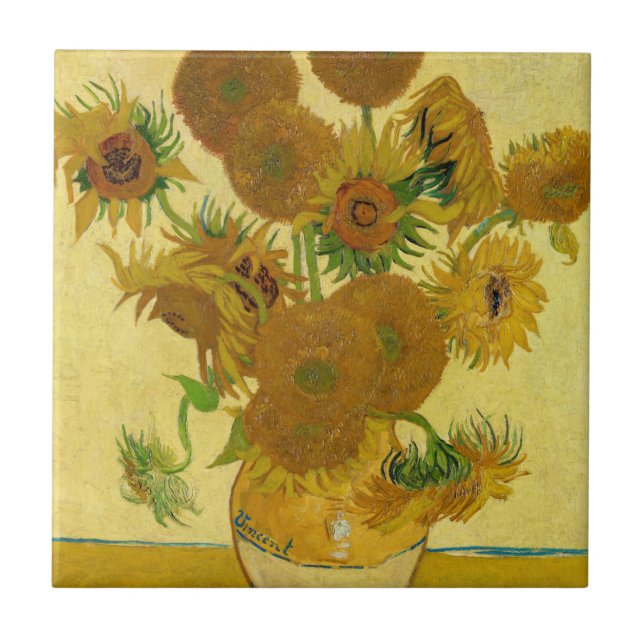 Vincent van Gogh - Vas med 15 solblommor Kakelplatta (Framsidan)