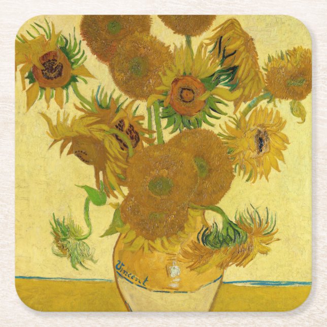 Vincent van Gogh - Vas med 15 solblommor Underlägg Papper Kvadrat (Framsidan)