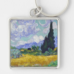 Vincent Van Gogh - Wheat Fält med Cypresses Fyrkantig Silverfärgad Nyckelring