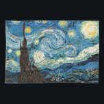 Vincents Van Gogh Starry natt Kökshandduk<br><div class="desc">Den Starry natten är en målning av den holländska post impressionistkonstnären Vincent Van Gogh. Målat i Juni 1889, visar den beskåda förutom hans sanitariumrumfönster på Sanktt-Rémy-de-Provence (som lokaliseras i sydliga frankriken) på natten, även om den målades från minne under dagen. Målningen är bland Vans Gogh mest välkända arbeten och markerar...</div>