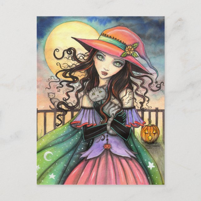 Vind av Halloween Witch Tabby katt Art Vykort (Framsida)
