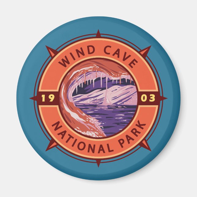 Vind Cave National Park Retro Compass Emblem Magnet (Framsidan)