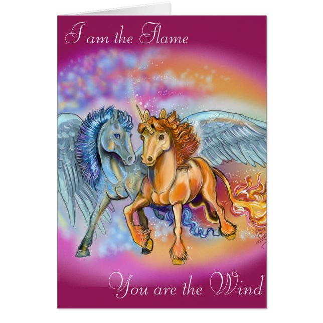 Vind och Flame Romantic Unicorn Pegasus Card Hälsningskort (Framsidan)