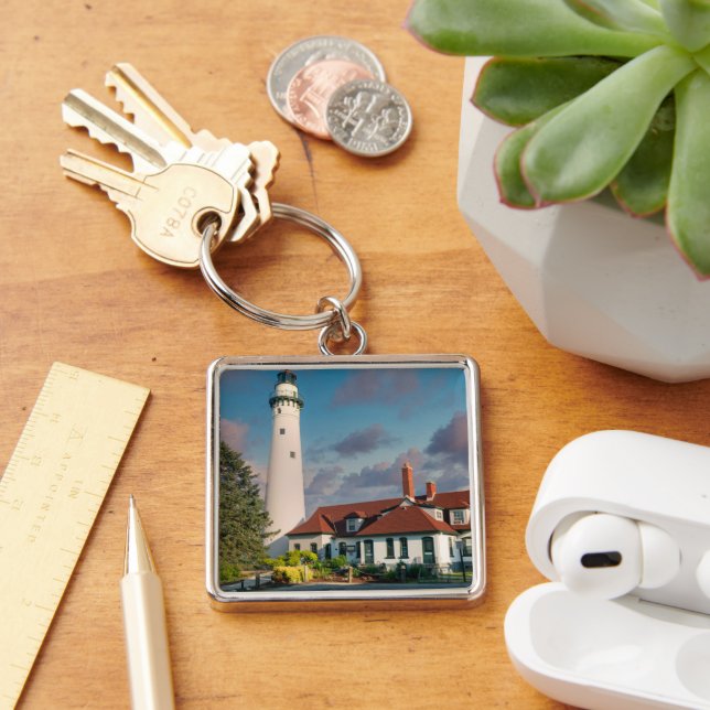 Vind Point fyr på Sjö Michigan Fyrkantig Silverfärgad Nyckelring (Skrivbord)