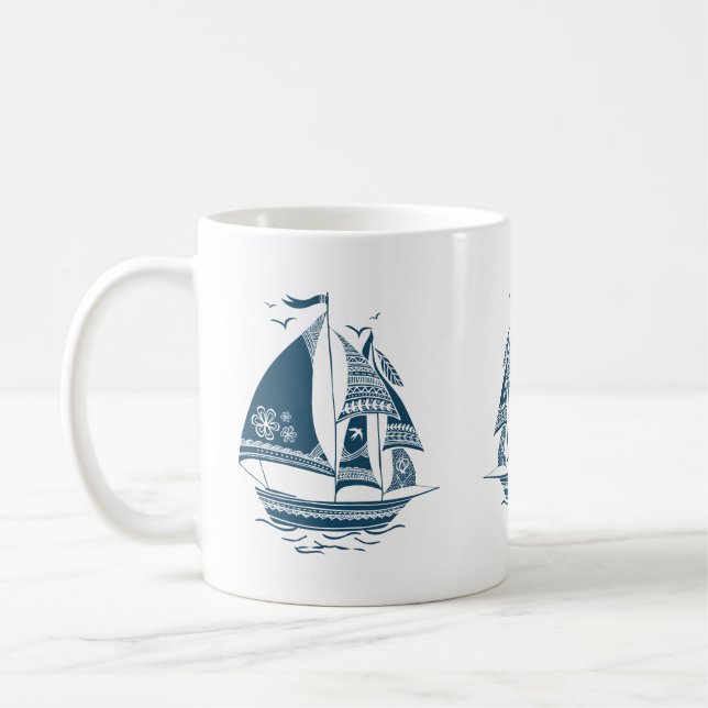 Vind Sailing Nautical Tribal Boat Illustration Kaffemugg (Vänster)