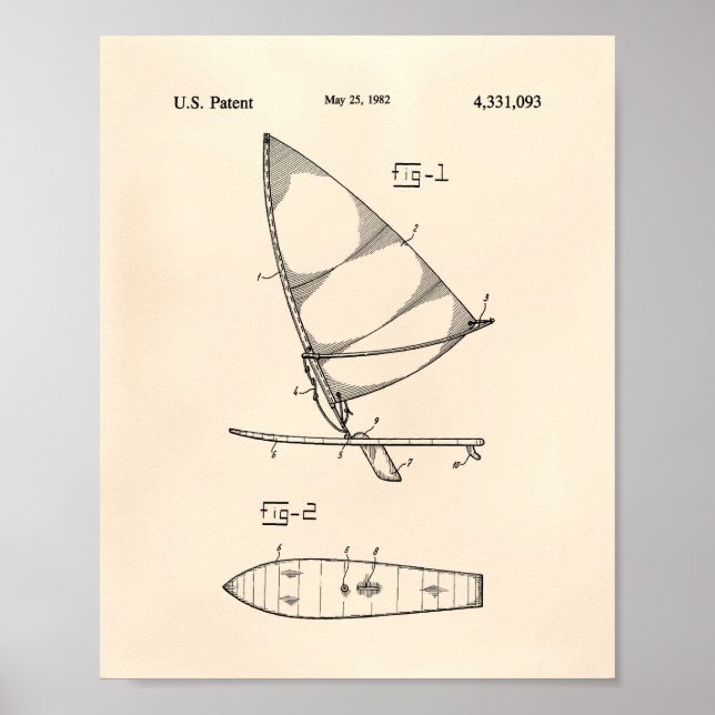 Vind Surfboard 1982 Patent Art Old Peper Poster (Framsidan)