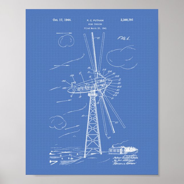 Vind Turbin 1944 Patent Art Blueprint Poster (Framsidan)