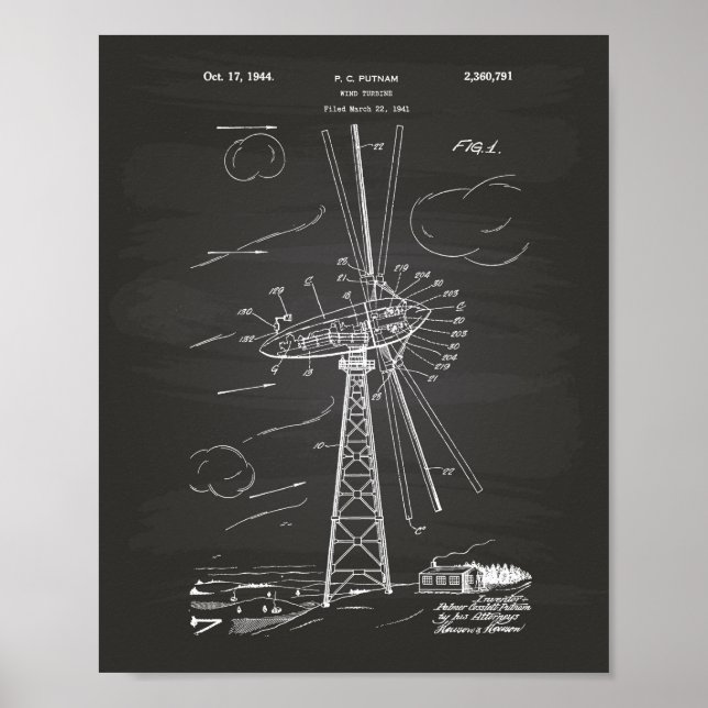 Vind Turbin 1944 Patent Art Chalkboard Poster (Framsidan)