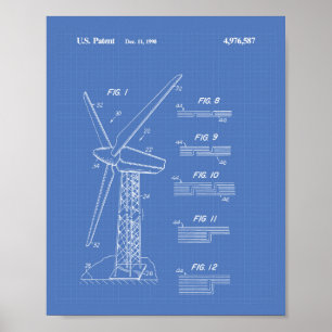 Vind Turbin Rotor 1990 Patent Art Blueprint Poster