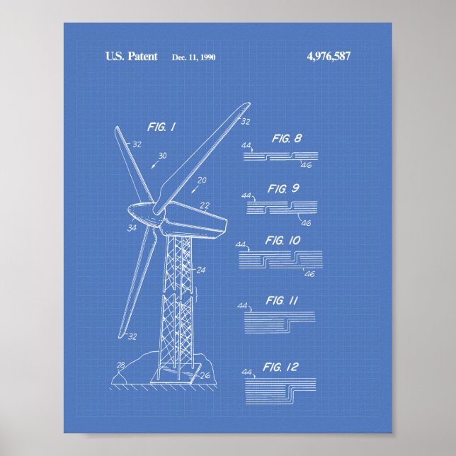 Vind Turbin Rotor 1990 Patent Art Blueprint Poster (Framsidan)
