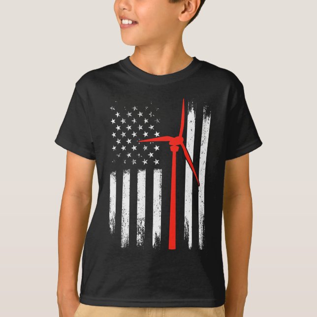 Vind Turbine Technician American Flagga T Shirt (Framsida)