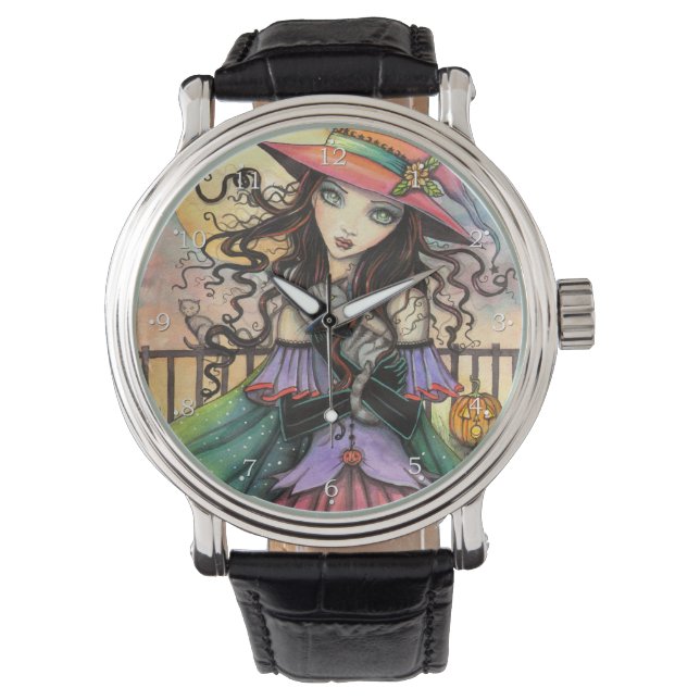 Vindar av Halloween Fantasy Häxa Katt Konst Armbandsur (Framsida)