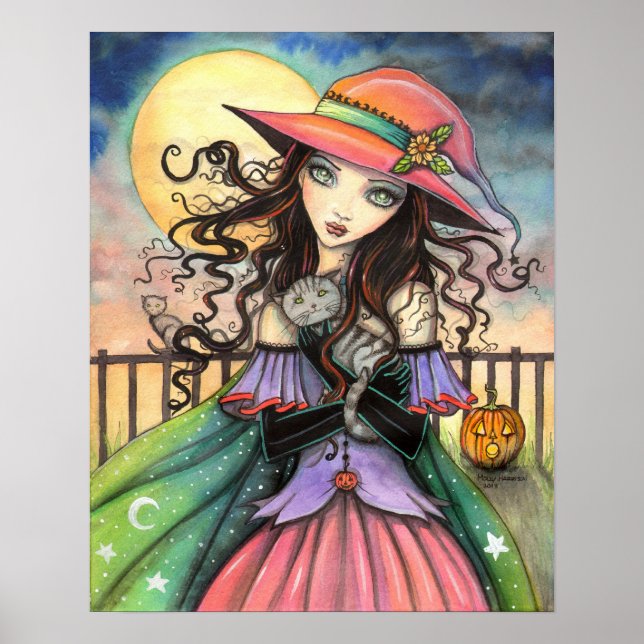 Vinden Halloween Fantasy Art Witch och Tabby katt Poster (Framsidan)