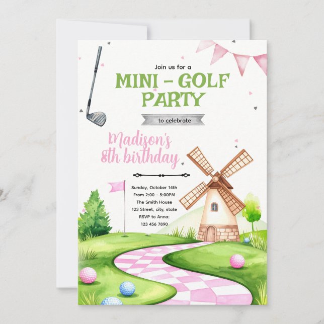 Vindkraftverk minigolf födelsedagsfest inbjudan (Framsida)