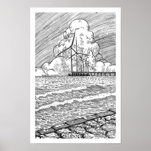 Vindkraftverk Ocean Bläckteckning Poster (Framsidan)