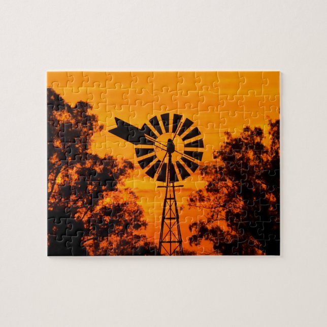 Vindkraftverk vid solnedgång, Australien Pussel (Horisontell)