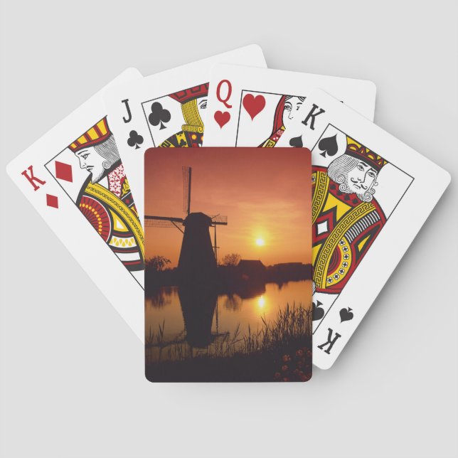 Vindkraftverk vid solnedgång, Kinderdijk, Nederlän Casinokort (Baksidan)