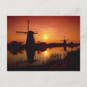 Vindkraftverk vid solnedgång, Kinderdijk, Nederlän Vykort