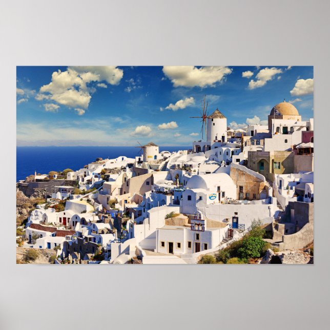 vindkraftverken i Oia i Santorini, Grekland Poster (Framsidan)