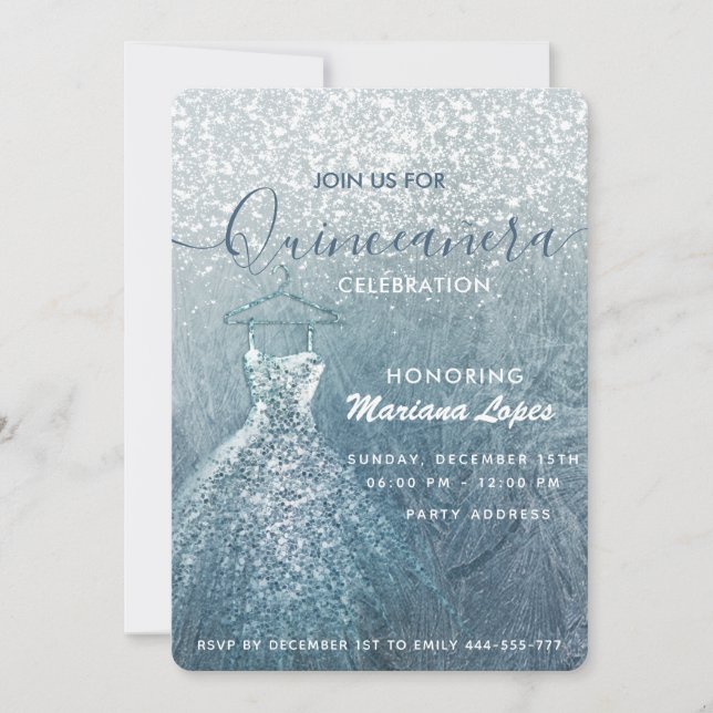 Vindland Quinceañera i Dusty blue snö Inbjudningar (Framsida)