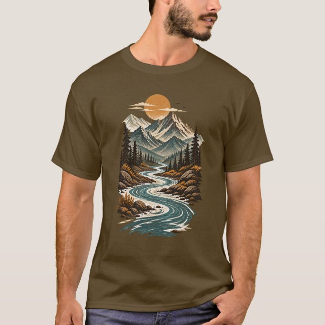 Vindlande flodberg landskapsbild vildmark t shirt (Framsida)