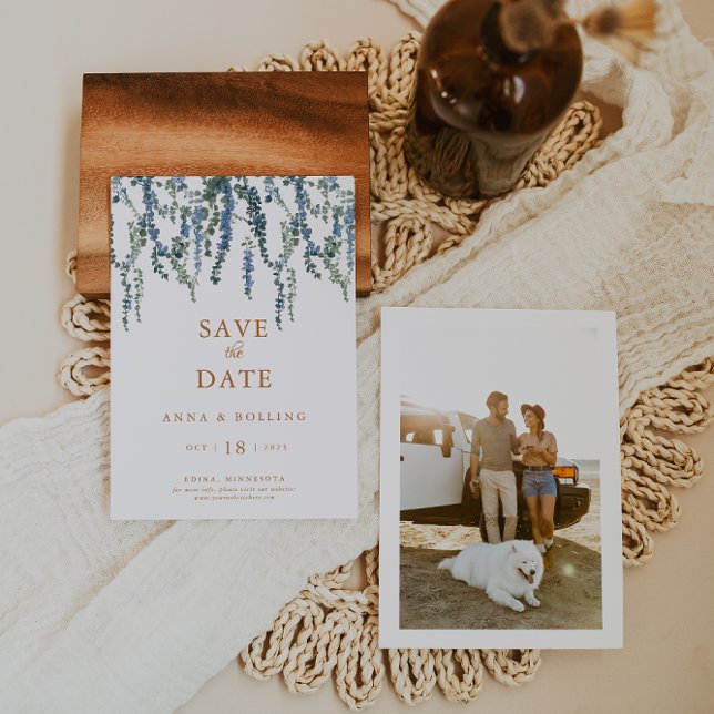 Vine Greenery Blue Blommigt Bröllop Spara Datumet (Skapare uppladdad)