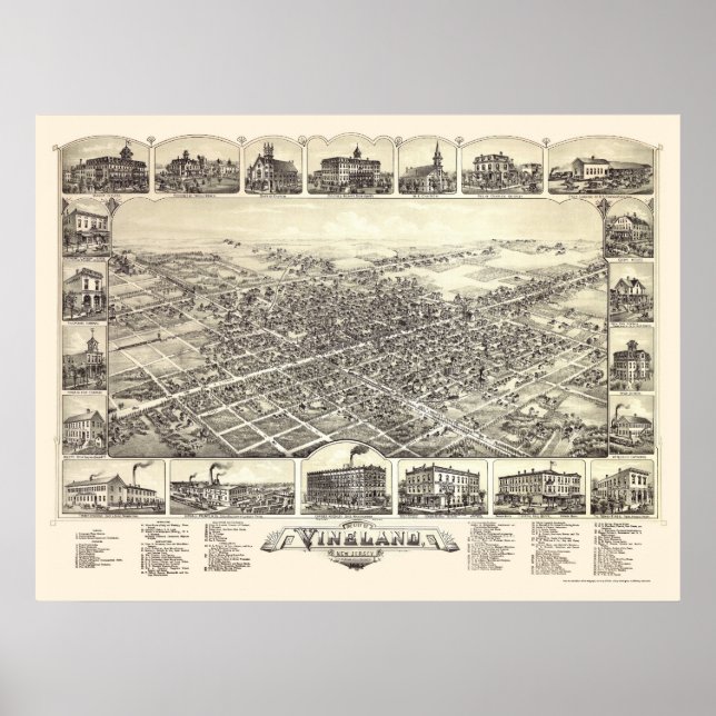 Vineland, NJ Panoramic Karta - 1885 Poster (Framsidan)