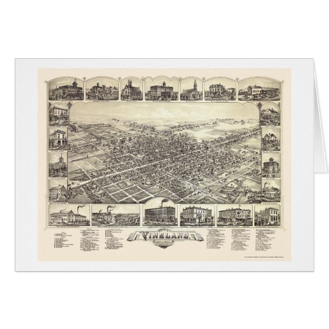 Vineland panorama- karta för NJ - 1885 Hälsningskort (Framsidan Horizontal)