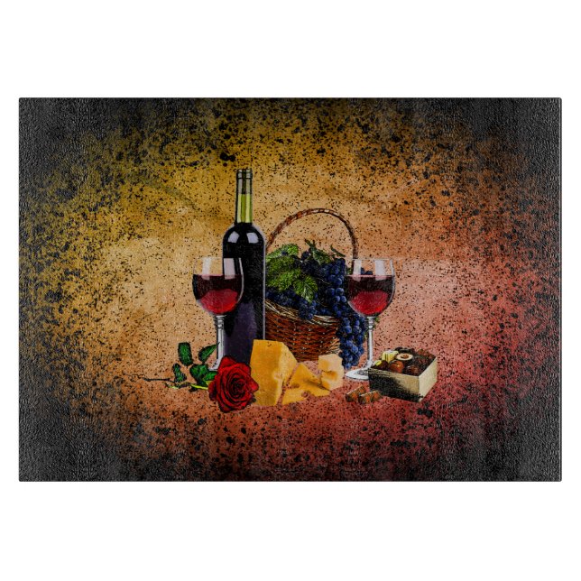 Vinexponeringsglas, flaska, druvor, ost, choklader (Framsidan)