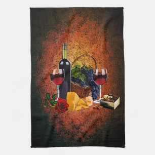 Vinexponeringsglas, flaska, druvor, ost, choklader kökshandduk